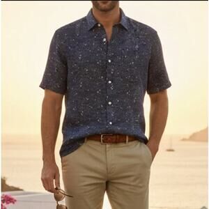 UNTUCKit Mens Hopper Blue Button Down Shirt 2XL 100% Linen Navy Blue Print